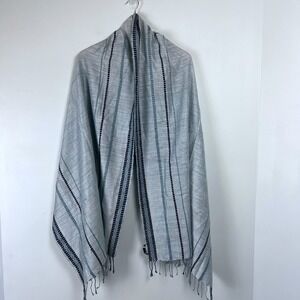Eileen Fisher Light Blue Striped Woven Scarf Fringe Wrap Minimalist Lagenlook
